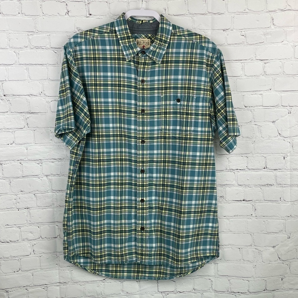 Red Head Men's Blue Plaid Cotton Short Sleeve Button Up Shirt Size LARGE